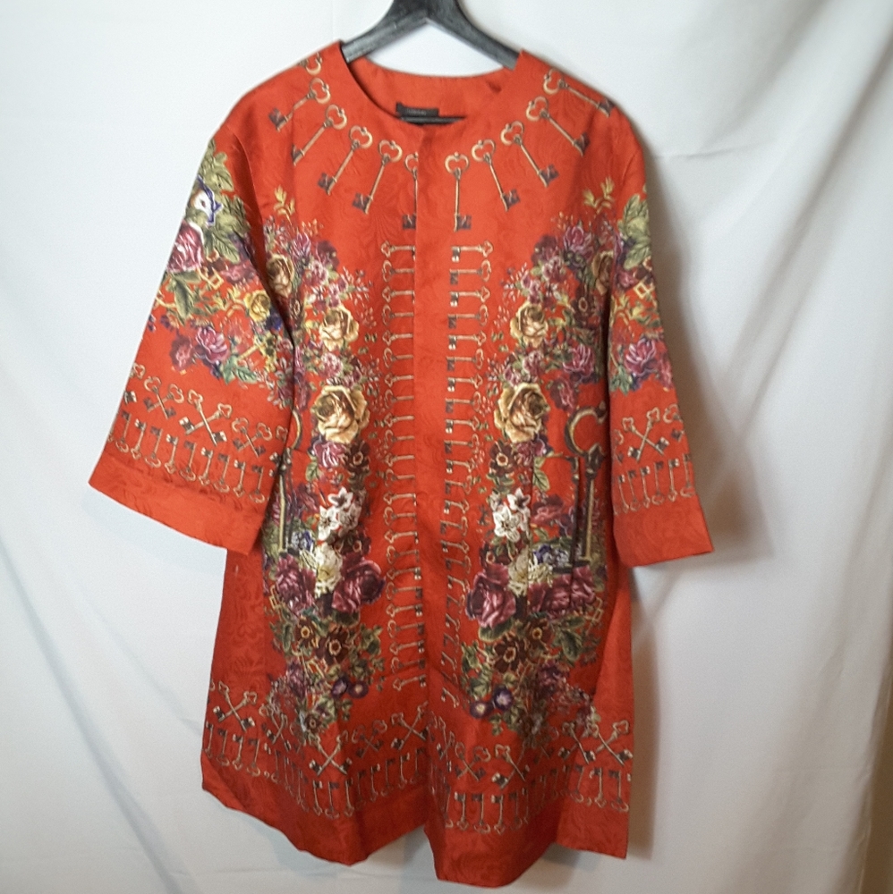 Floryday Red Orange Floral Coat Size M